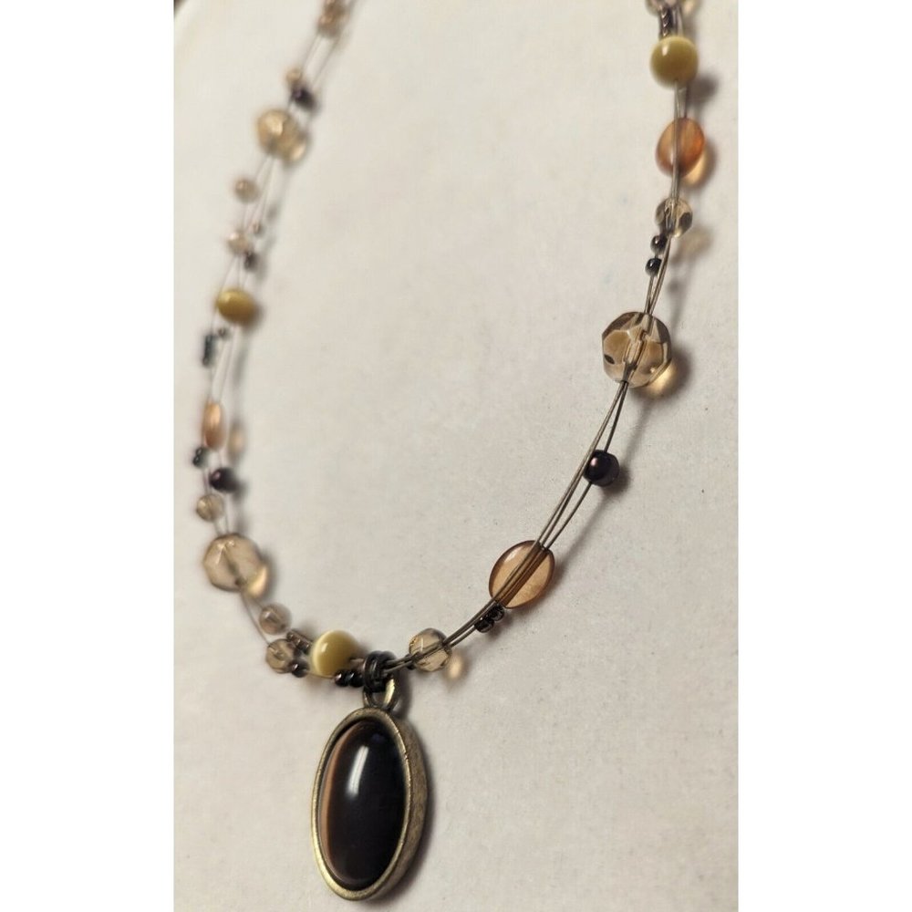 Lovely NY Tigers Eye Pendant Beaded Necklace Brown Tones Fall 18" - Picture 4 of 7